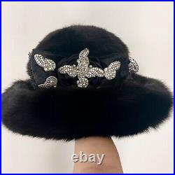 Luxury Vtg Black Real Mink Fur With Rhinestone Wide Brim Formal Church Hat Party