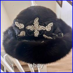 Luxury Vtg Black Real Mink Fur With Rhinestone Wide Brim Formal Church Hat Party