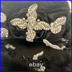 Luxury Vtg Black Real Mink Fur With Rhinestone Wide Brim Formal Church Hat Party