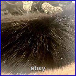 Luxury Vtg Black Real Mink Fur With Rhinestone Wide Brim Formal Church Hat Party