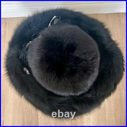 Luxury Vtg Black Real Mink Fur With Rhinestone Wide Brim Formal Church Hat Party