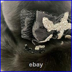 Luxury Vtg Black Real Mink Fur With Rhinestone Wide Brim Formal Church Hat Party