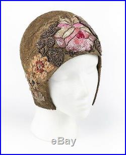 MANNHEIMER c. 1920's Gold Lace Floral Glass Bead Sequin Helmut Flapper Cloche Hat