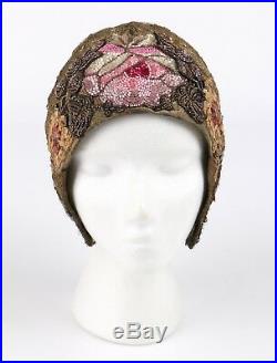 MANNHEIMER c. 1920's Gold Lace Floral Glass Bead Sequin Helmut Flapper Cloche Hat