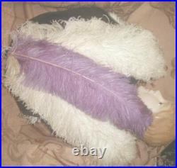 MASSIVE 1903 Antique Mae West Platter HAT w Huge Purple & Cream Ostrich Plumes