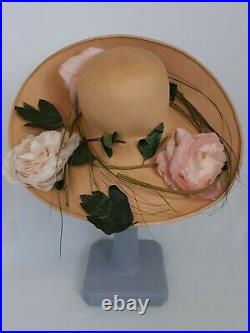 Madame Paulette wide brim hat Harrods vintage hat & box straw roses 55cm UK6 3/4