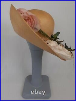 Madame Paulette wide brim hat Harrods vintage hat & box straw roses 55cm UK6 3/4