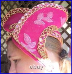 Magenta Pink Gold Sequins Bead Leaves Felt Wool Sunday Church Dress Hat Volcano