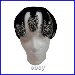 Marie Madix Flapper Skull Cap Headband Black Velvet Rhinestone Glass Beaded VTG