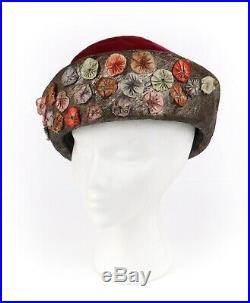 Millinery Couture c. 1920s Wine Red Velvet Metallic Flower Embellished Cloche Hat