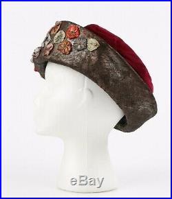 Millinery Couture c. 1920s Wine Red Velvet Metallic Flower Embellished Cloche Hat