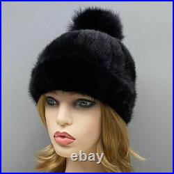 Mink Fox Fur Bonnets Pompom Ball Skullies Beanies Women Winter Headwear 1pc Set