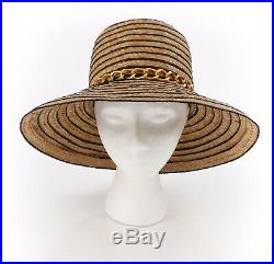 Miss Dior by CHRISTIAN DIOR c. 1960s Black Gold Woven Straw Bow Chain Sun Hat