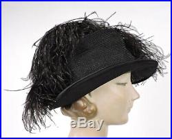 Mme Georgette Paris Edwardian Black Straw Hat W Ostrich Plume Trims