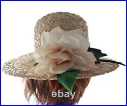 Mr John Womens Wide Brim Straw Hat High Dome Big Flower Vintage 1960s M/L