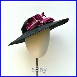 NEVER USED 1930s Vintage Wide Brim Black Straw Pancake Hat Pink Flower AUTHENTIC