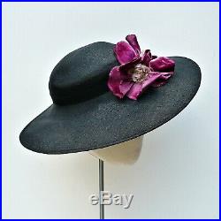 NEVER USED 1930s Vintage Wide Brim Black Straw Pancake Hat Pink Flower AUTHENTIC