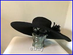 NEW Never worn Vintage Patricia Underwood Black Straw Silk Flower Wide Brim Hat
