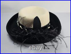 NEW-Vintage Fine Millinery By August Accessories Woman's Black Cream Wool Hat