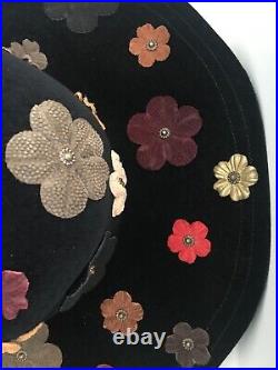 NWT Large KOKIN Boho Chic Hippie Cap Hat Women's Black Wool Suede Flowers Saks