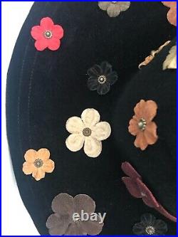NWT Large KOKIN Boho Chic Hippie Cap Hat Women's Black Wool Suede Flowers Saks