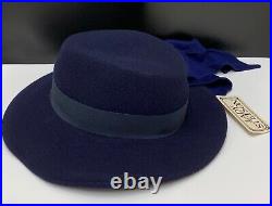 NWT Vintage LADY STETSON 100% Wool Fedora Navy Blue Hat with Scarf Ties Womens