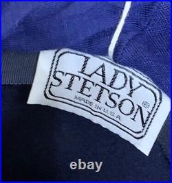 NWT Vintage LADY STETSON 100% Wool Fedora Navy Blue Hat with Scarf Ties Womens