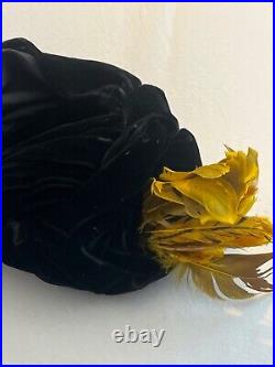 Neiman marcus black velvet turban with yellowithgreen feather 1930's original tag