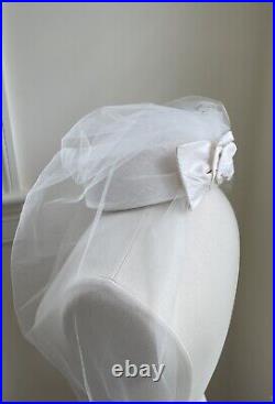 New Small Off White Dupioni Silk Pill Box Hat with Veil Netting Bow Wedding