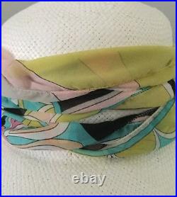 Nwot Vintage Emilio Pucci White Wide Brim Straw Hat Iconic Silk Scarf & Rose