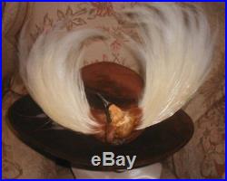 OPULENT Edwardian BIRD OF PARADISE Plumes w Bird HAT Cocoa Velvet WIDE Oval BRIM