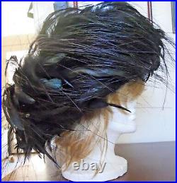 One of a Kind Jack McConnell Designer Black Blue Feathered Couture Hat in Box