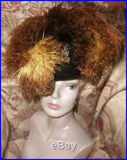 Opulent 1905 Antique Edwardian Hat Huge Golden Ostrich Plumes Topaz Jewel Pin