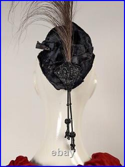 Opulent Antique Edwardian Velvet Headpiece W Velvet Beading & Tall Feathers