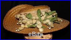 Orig Antique Vtg Edwardian Teens Womens Dress Straw Hat Unique Cotton Trim Italy