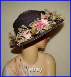 Orig Vtg Antique Titanic Teens Navy Straw Unique Trim Chenille Flowers Dress Hat