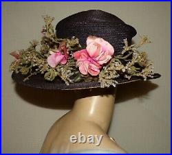Orig Vtg Antique Titanic Teens Navy Straw Unique Trim Chenille Flowers Dress Hat