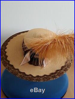Original 1940s WWII John Frederics Straw Wide Brim Hat with huge Ostrich Feather