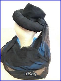Original Late 1930s/ early 1940s WWII Black Felt Turban Toque with Drape WOW