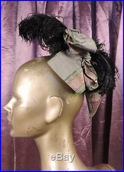 Ornate Victorian 1880s Straw Bonnet Hat W Ribbon & Feather Trims