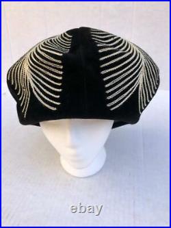 Outstanding Vintage Gladys and Belle Black Velvet and white embroidered hat M