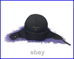 PRADA Vintage Logo Fur Trapper Hat Fashion Accessory Black Purple Nylon RankA