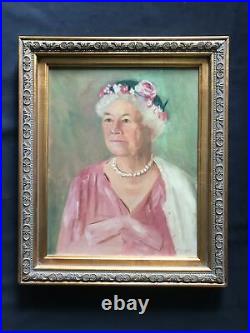 PV05412 Vintage FRAMED F. Cooper Oil Painting on Canvas- PORTRAIT WOMAN IN HAT