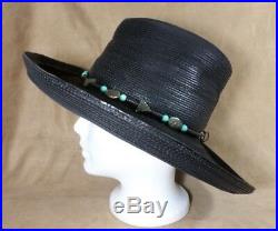 Patricia Underwood NY Black Corded Leather Hat With Southwest Hatband 80s US 7