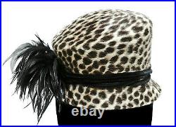 Philip Treacy Cheetah Print Faux Fur Asymetrical Cloche Hat w Black Feathers