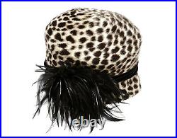 Philip Treacy Cheetah Print Faux Fur Asymetrical Cloche Hat w Black Feathers