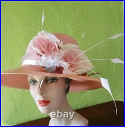 Philip Treacy London Pink Straw Hat Exquisite Silk Flower Feathers Church Derby