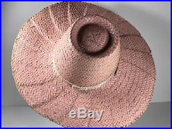 Pink Straw Sun Hat Wide Brim Woven Summer Beach 40s 50s Vintage Vtg