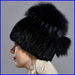 Pompom Mink Fur Hats Ladies Knitted Fox Caps Women Fashion Winter Headwear 1pc S