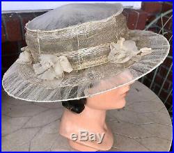 RARE ANTIQUE VINTAGE EDWARDIAN IVORY NET HORSEHAIR SUMMER HAT With FLOWERS